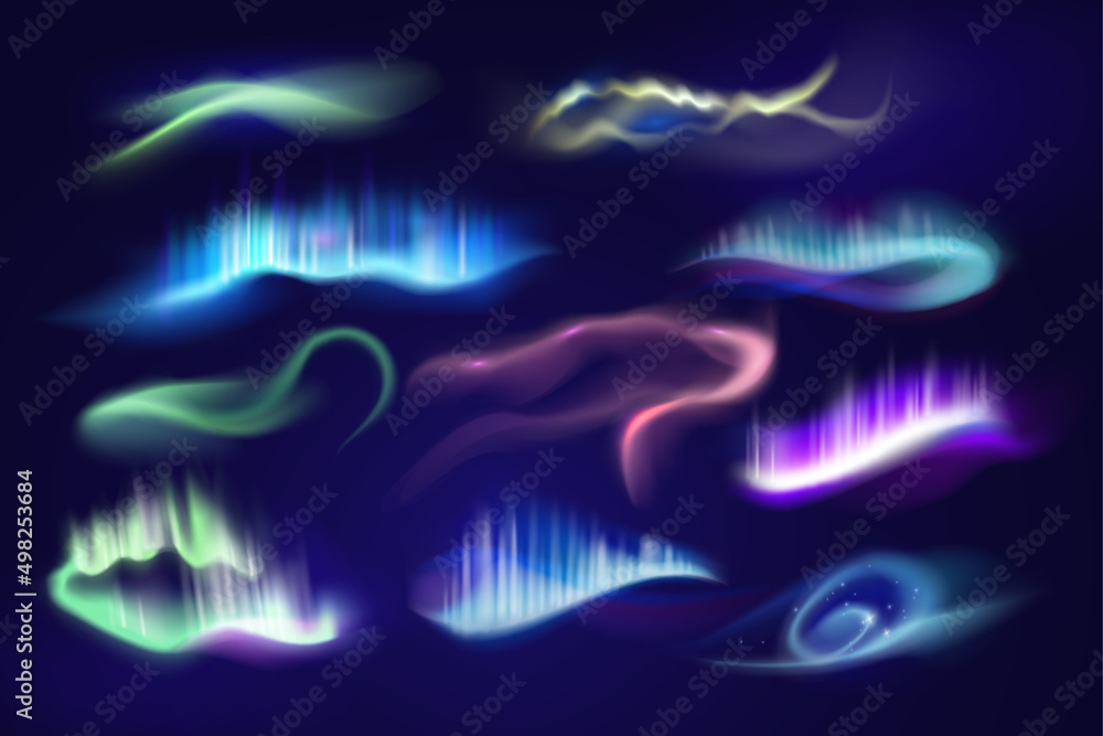 Northern aurora. Arctic isolated polar light set. Vector transparent background electric nordic galaxy gradient