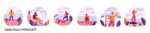 Persons look in future. Man and women with concept idea. Vector person with leadership motivation
