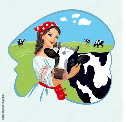 Girl with a Holstein breed of cow. Cows graze in a meadow. Vector illustration for dairy products.
