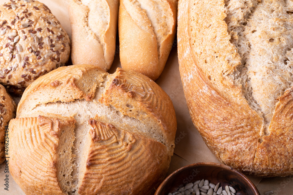 Full frame shot of various breads with copy space