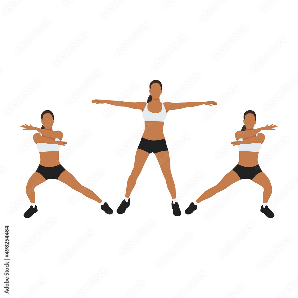 Woman doing Arms cross side lunge exercise. Flat vector illustration