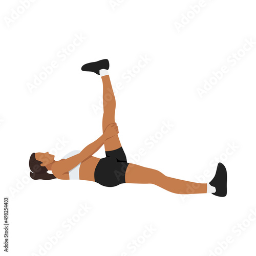 Woman doing Hamstring stretch exercise. Flat vector illustration isolated on white background