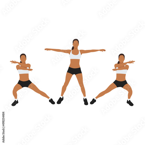 Woman doing Arms cross side lunge exercise. Flat vector illustration isolated on white background