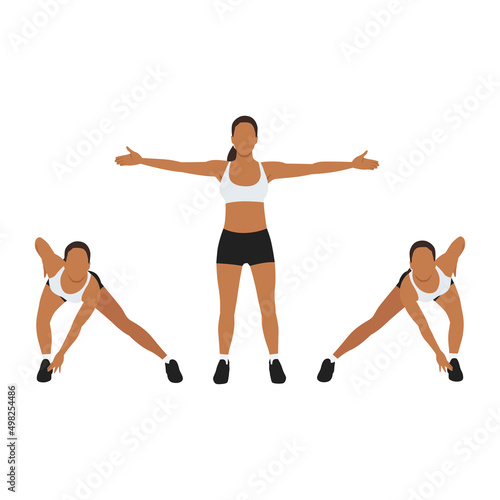 Woman doing Arms cross side lunge exercise. Flat vector illustration isolated on white background