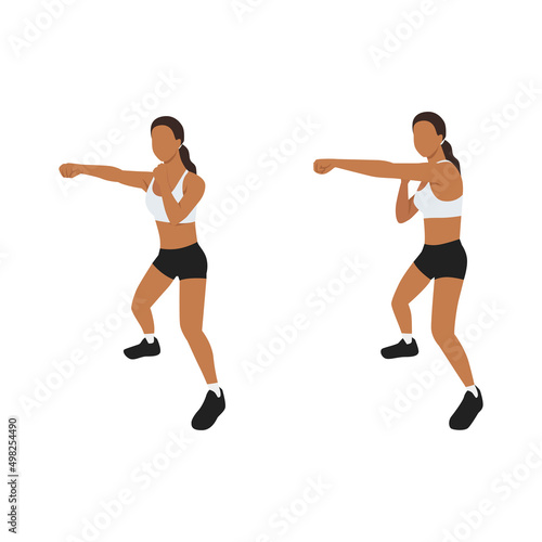 Woman doing Half squat jab cross exercise. Flat vector illustration isolated on white background