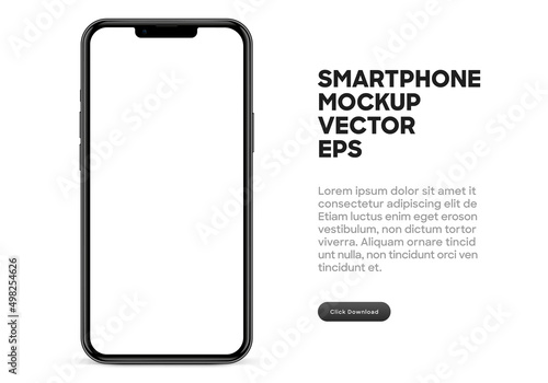 Realistic black color smartphone mockup isolated with transparent screens. Smart phone mockup collection. Device front view. 3D mobile phones with shadow and white background.