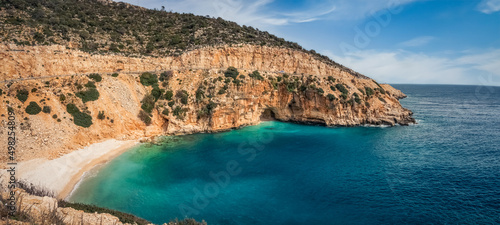 Panoramic view tropical sea, cove and beach landscape from Kas, Antalya, Turkey. Holiday, travel and tourism concept. Finike - Demre way.