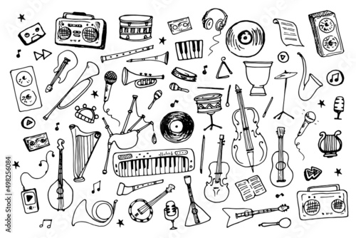 Musical instruments a large set of painted doodle icons. hand-drawn in cartoon style, isolated black outline on white Sheet music, drums, strings and wind instruments and electronic equipment