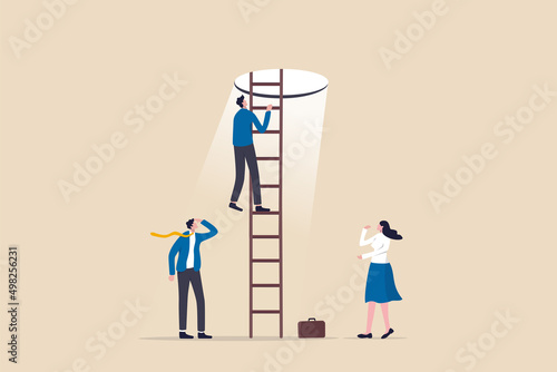 Hopefulness motivation to solve problem, challenge to overcome difficulty or courage to escape for freedom, hope to overcome fear concept, businessman climb up ladder to light shining way out. photo