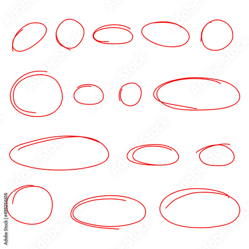 Hand drawn marker circles frame set. Doodle highlight ovals. Marker sketch. Highlighting text and important objects. Round scribble frames. Stock vector illustration on white background.