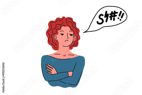 Frustrated angry female character. Irritated person. Sad offended woman sulking. Expressing angry emotion and unhappy face expression. Vector illustration isolated on white background