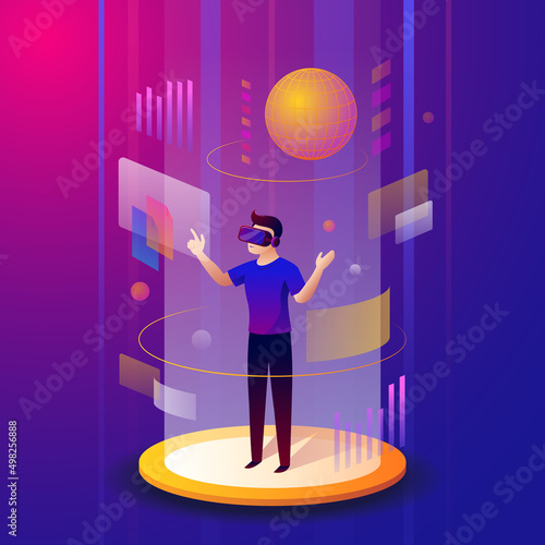 Man Wearing VR Headset Surround with Data, Metaverse Concept