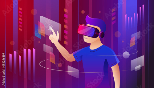 Man with VR Headset Touching Data, Metaverse Concept
