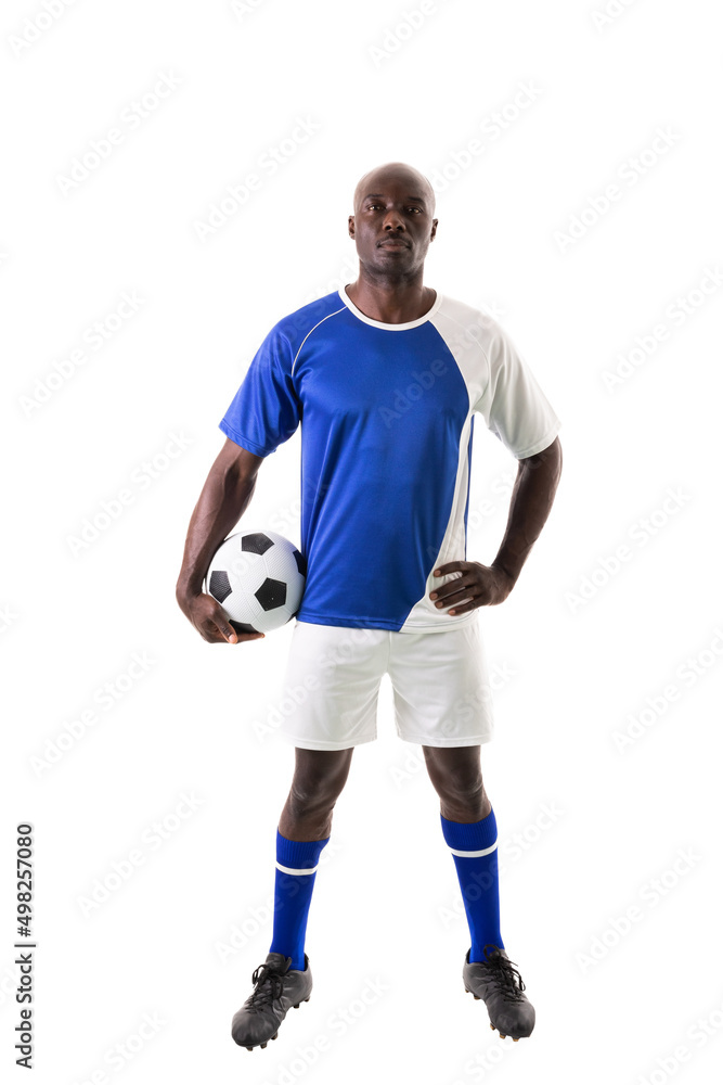 Full length portrait of confident male african american athlete with soccer ball on white background Full length portrait of confident male african american athlete with soccer ball on white background