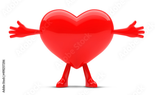 3d red heart vector illustration. Heart shaped mascot with arms open wide.