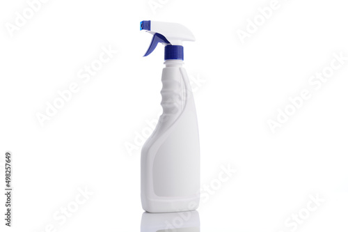 White empty plastic bottle with detergent on a white background. Packaging template mockup.