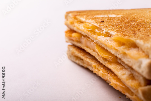 Close-up of fresh cheese toast sandwich served by copy space on white background