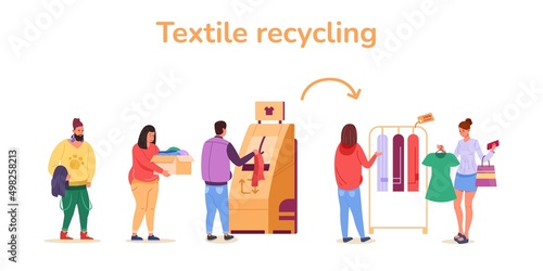 People recycle clothes. Recycled cloth from wardrobe for selling fashion textile, donate clothing recycling fabric, vector illustration