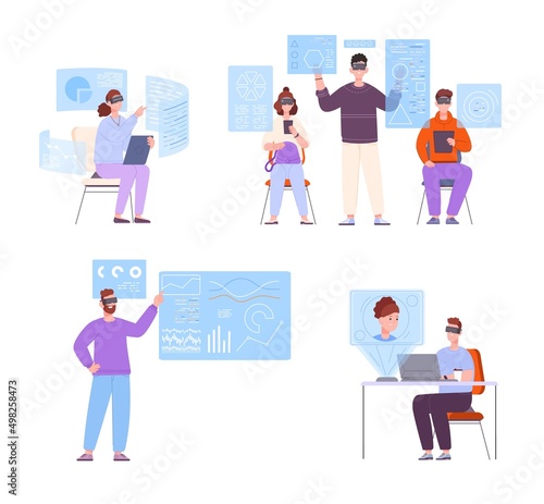 Vr workplaces. Workplace future virtual meeting digital work simulation, cyberspace business company futuristic job teamwork ar devices data research, splendid vector illustration
