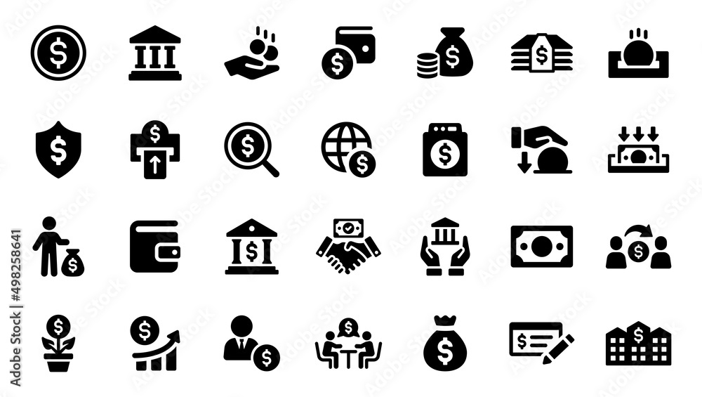 Business finance icon set. Containing bank, deposit, investment and banking service icon in black design. - obrazy, fototapety, plakaty 