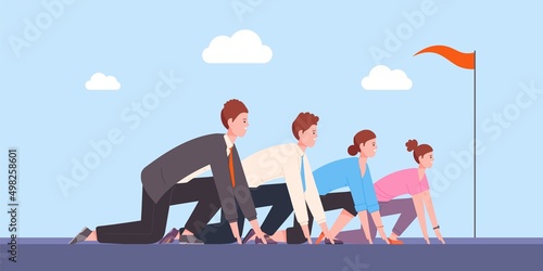 Corporate run positioning. Business competition ready to start, beginning race office rivalry competitor challenge executive worker sprint track line, splendid vector illustration
