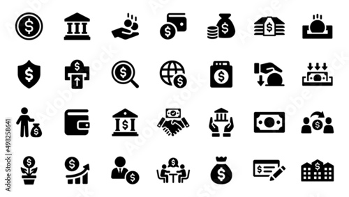 Business finance icon set. Containing bank, deposit, investment and banking service icon in black design.