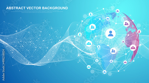 Global network connection concept. Big data visualization. Social network communication in the global computer networks. Internet technology. Business. Science. Vector illustration