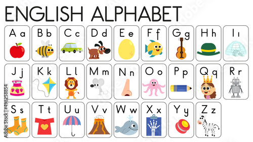 English alphabet illustrated dictionary.  English alphabet illustrated dictionary for children.  Illustrated English alphabet flash cards.