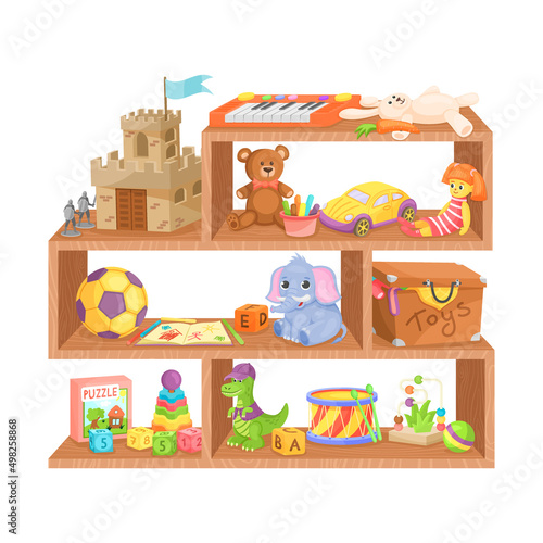 Kids toys shelves. Wooden toy shelf store, kid shop plastic doll plush bear child ball dinosaur stuff animals, set exact vector cartoon isolated object photo