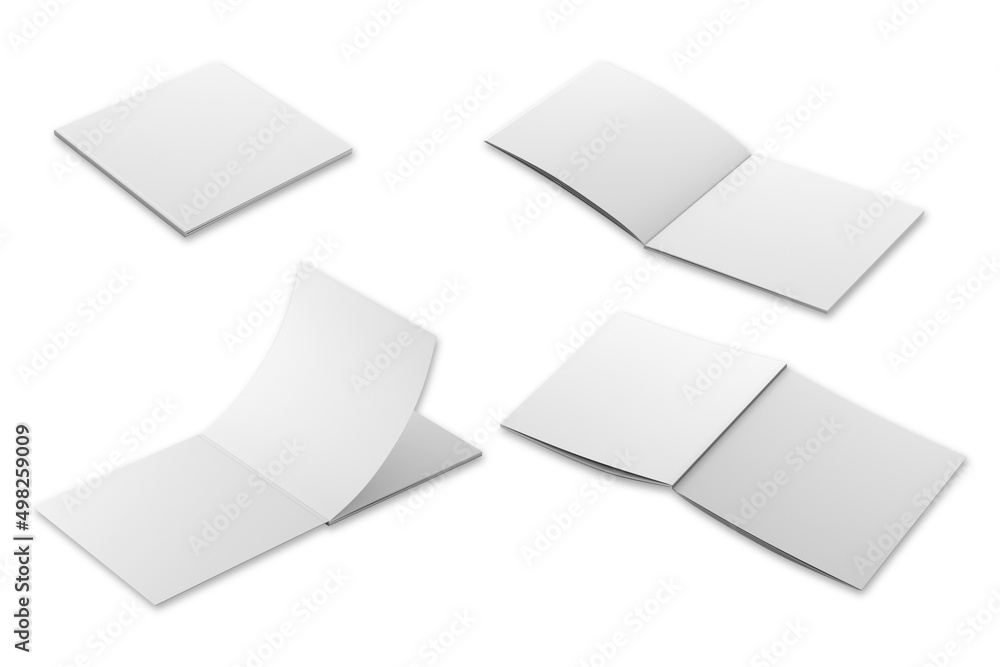 Empty blank square photorealistic brochure mockup isolated on white background, 3d rendering. Close, open, front and back cover design of catalogue, magazine or brochure. Empty blank square photorealistic brochure mockup isolated on white background, 3d rendering. Close, open, front and back cover design of catalogue, magazine or brochure.