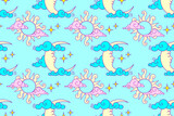 Children's seamless pattern. Pastel Blue night sky with sun and crescent moon. Newborn Baby graphic. Kids fabric, wallpaper, background.