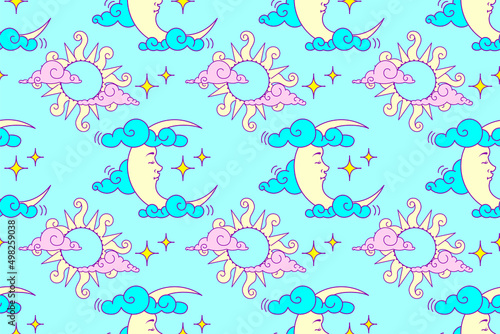 Children's seamless pattern. Pastel Blue night sky with sun and crescent moon. Newborn Baby graphic. Kids fabric, wallpaper, background.