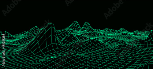 Digital wireframe landscape. Wireframe terrain polygon landscape design. Digital cyberspace in mountains with valleys. Vector illustration.