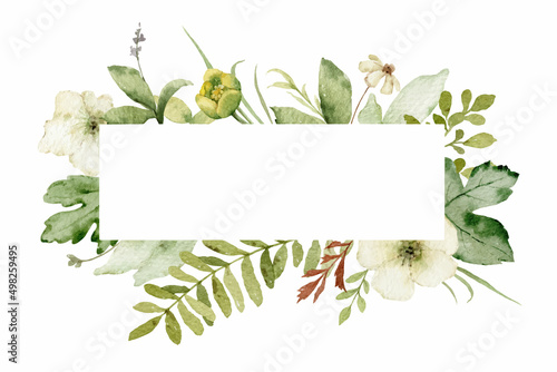 Watercolor vector frame with green forest foliage and flowers.