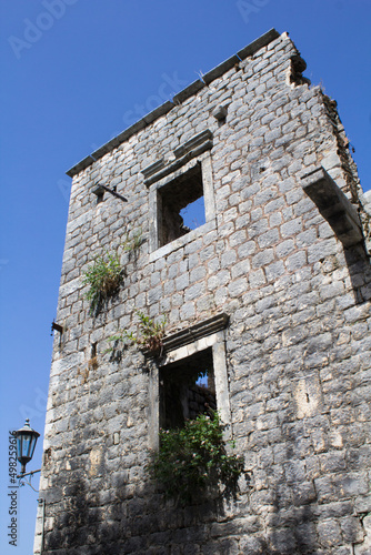 Close-up on the destroyed old building. Perast. Montenegro.