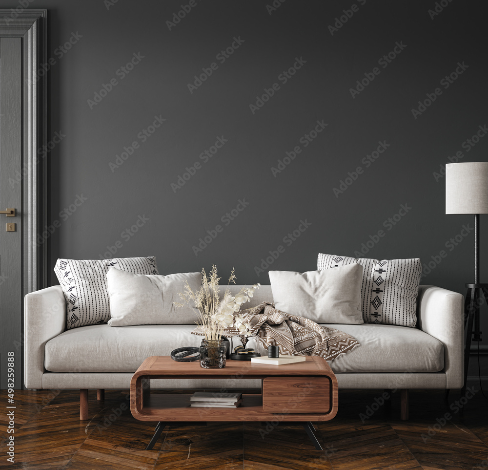 Home interior, modern dark living room interior, black empty wall mock ...