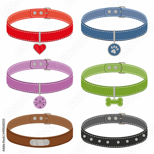 A set of colorful collars for cats and dogs with a pendant. Vector isolated cartoon-style illustration.