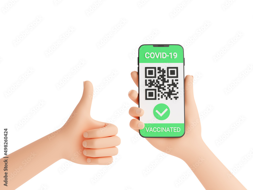 Green COVID vaccination certificate - qr code on mobile phone screen in human hand and thumbs up symbol 3d render. Green COVID vaccination certificate - qr code on mobile phone screen in human hand and thumbs up symbol 3d render.