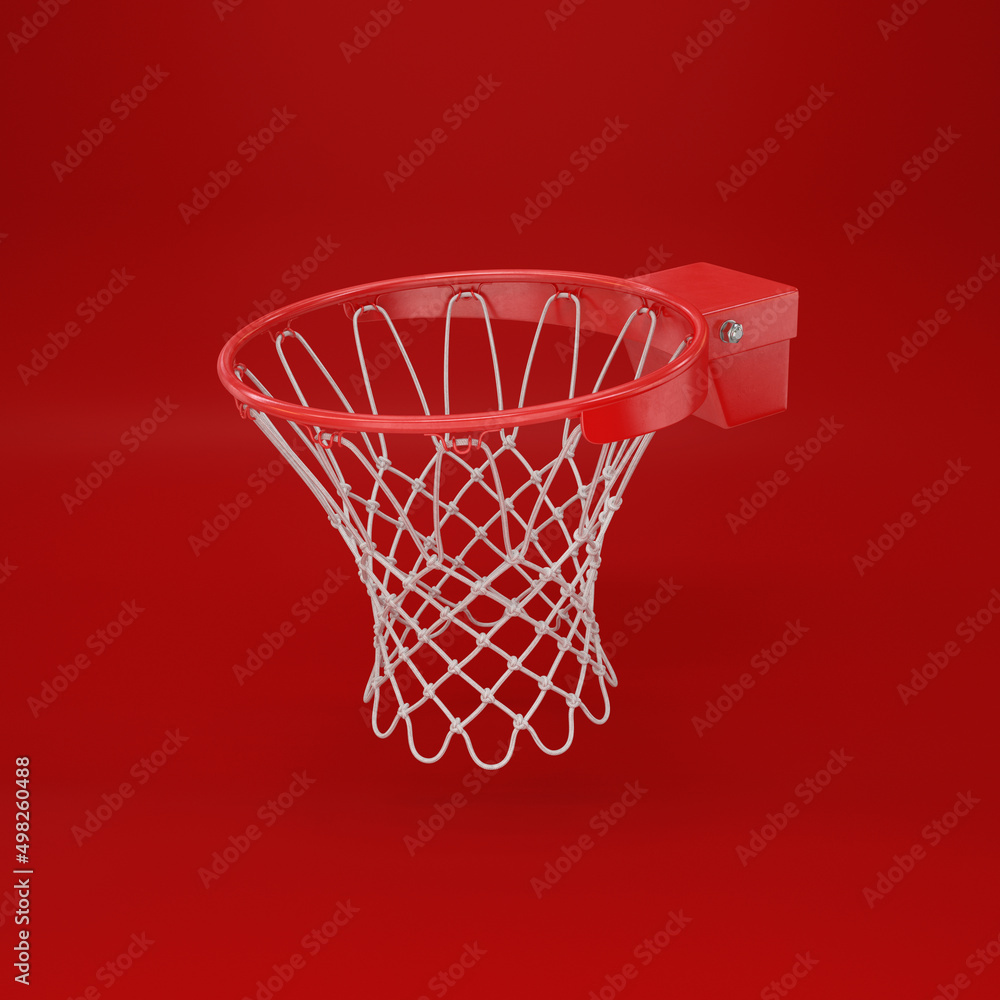 Red basketball rim floating on a red background, 3d render