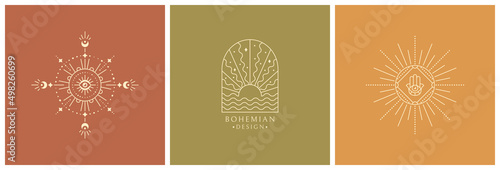 Boho logos. Trendy line symbols for magic, esoteric, celestial, astrology, alchemy, spiritual healing, and others concepts. Vector isolated bohemian emblems. Outline design elements with sun shapes.