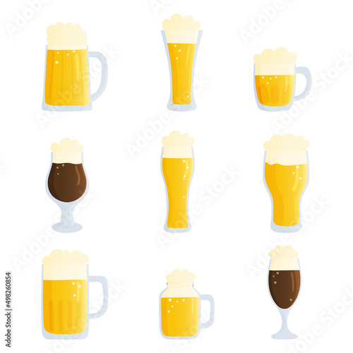Collection of beer glasses in flat style isolated on white background. Foam mugs. Bar elements. Vector illustration