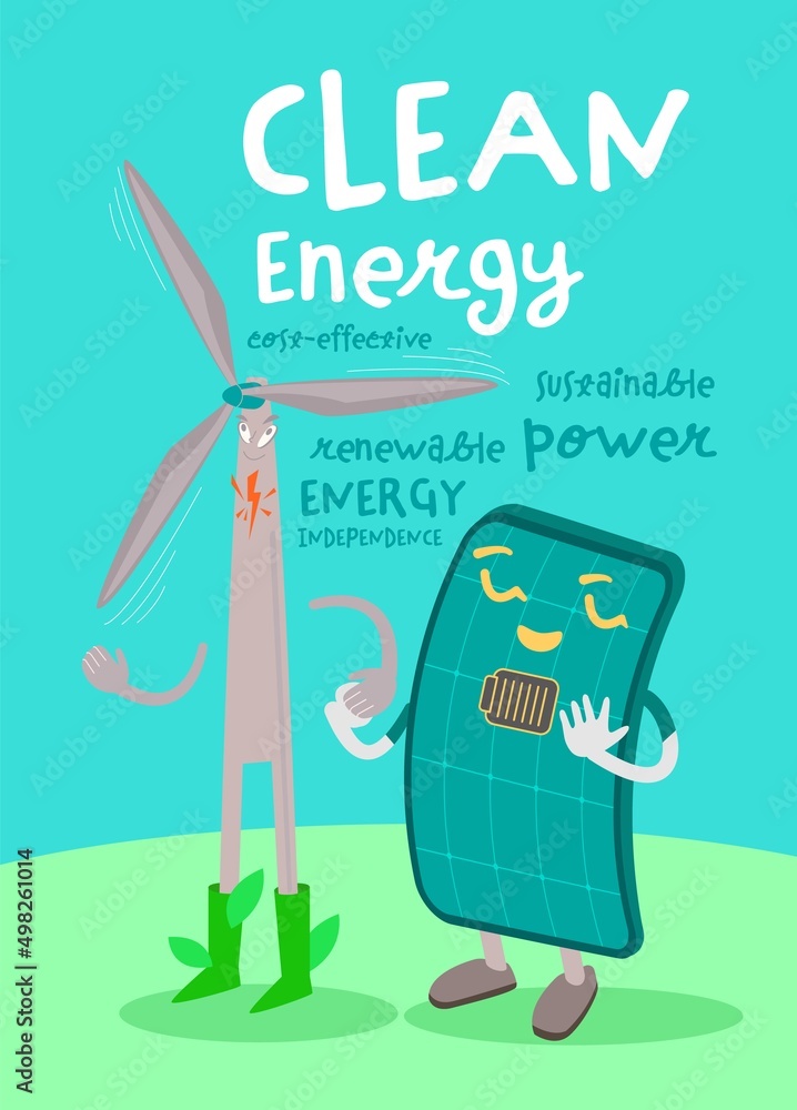 Clean energy vertical poster with funny creative characters. Clean energy vertical poster with funny creative characters.