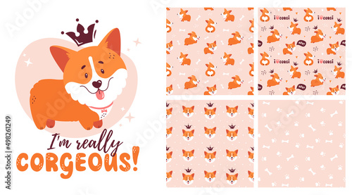 Corgi collection - seamless patterns and isolated illustration. Vector set with cute welsh corgi puppies. Funny and adorable dog character for cards, t-shirt prints, kids textiles or poster design.