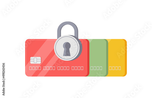 Personal bank credit card data information payment security with hanged lock icon isometric vector illustration. Financial payment safety protection e business contactless transaction checkout