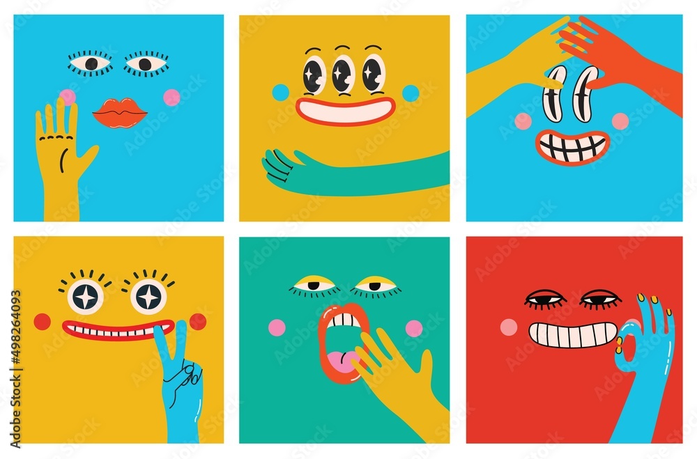 Collection of crazy Abstract comic characters elements and faces. Bright colors Cartoon style. Vector Illustration