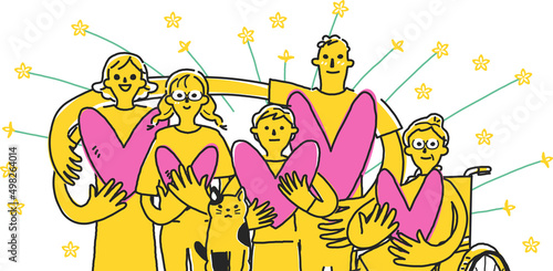 愛情の形、ハートを手に集まる家族　イラスト素材			
