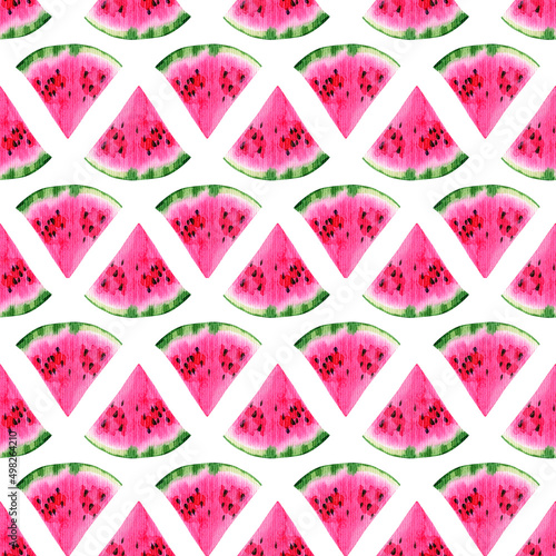 Watercolor seamless pattern. Slices  bits and seeds of watermelon on a white background. Summer texture for fashion fabric  home textile  wrapping paper  wallpaper.