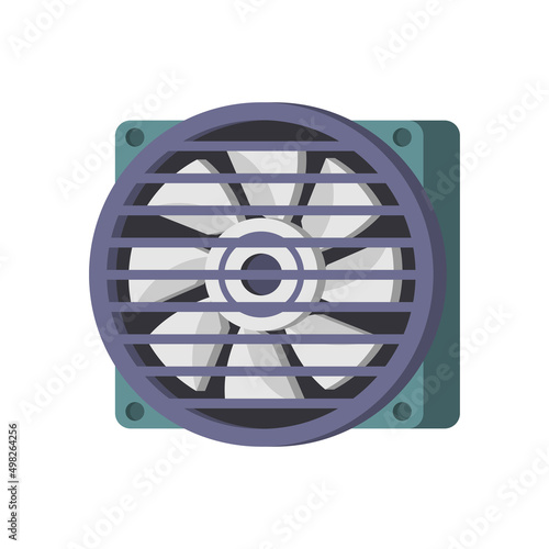 Computer processor cooling system with circle fan isometric icon vector illustration. PC hardware grid electric cooler temperature control with propeller ventilation. Power rotation air equipment