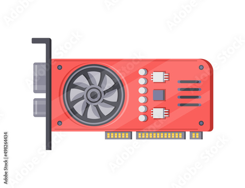 Computer video card with fan top view isometric icon vector illustration. PC red electronic driver portable multimedia memory storage power processor isolated. Computing circuit acceleration