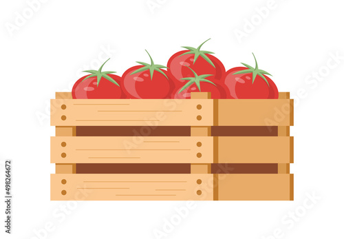 Heap fresh appetizing organic tomatoes in wooden box isometric icon vector illustration. Seasonal autumn eco friendly harvest vegetables pile. Garden vitamin crop in transportation container